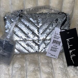 NWT Nicole Miller Faux Leather Sparkling Silver Sequin Bag 2 straps,4 card slots